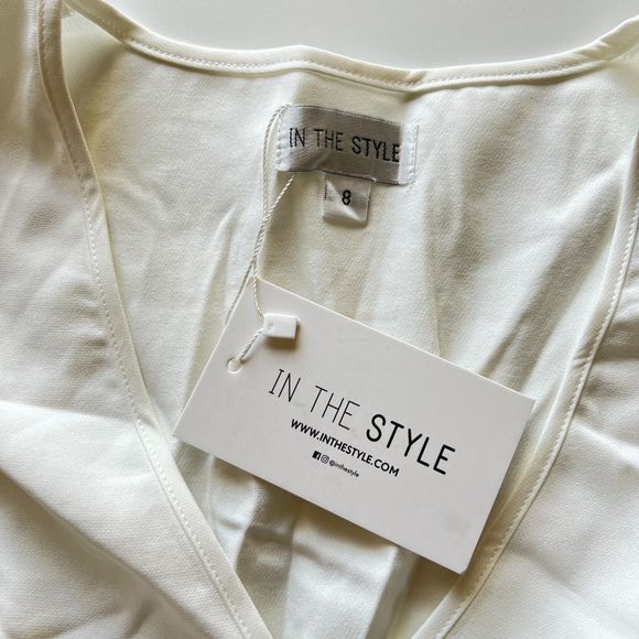 In The Style x Billie Faiers wrap over flutter sleeve tiered mini dress in white - Picture 7 of 7